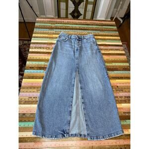ZARA M Denim Blue Jean Slit Maxi Skirt Vintage Distress Button Fly Y2k Long